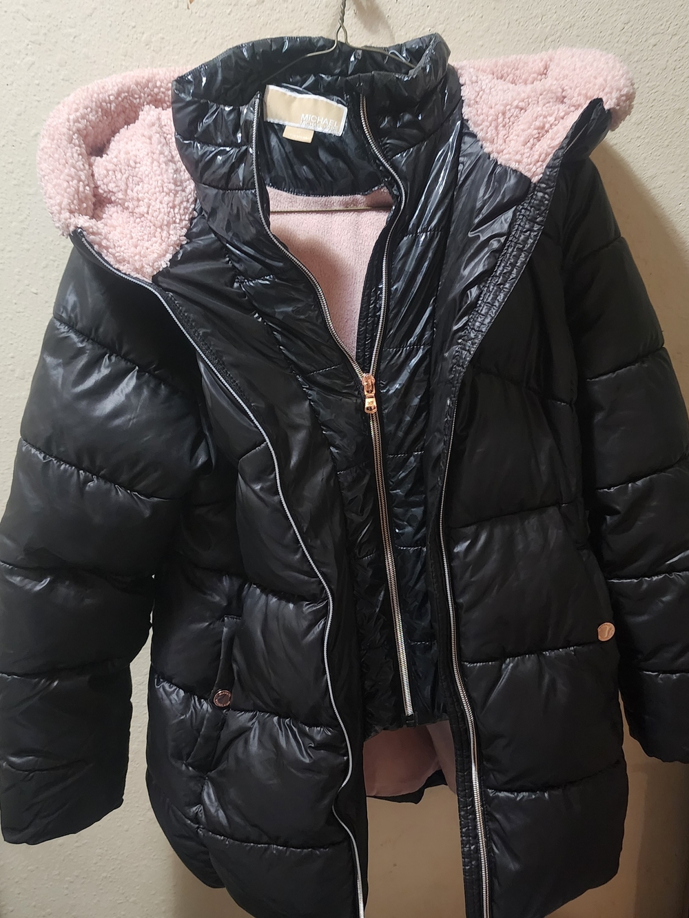Michael Kors Black Puffer Coat with Pink Sherpa Hood Lining Size 14